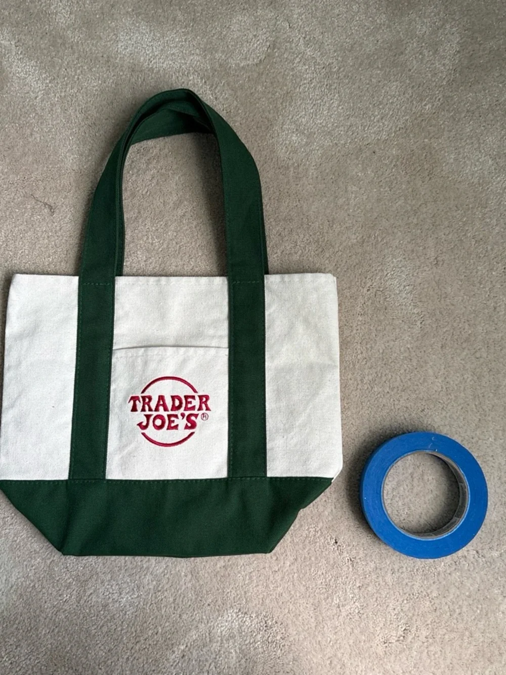 NWOT Trader Joe's white & green mini canvas tote bag with red logo